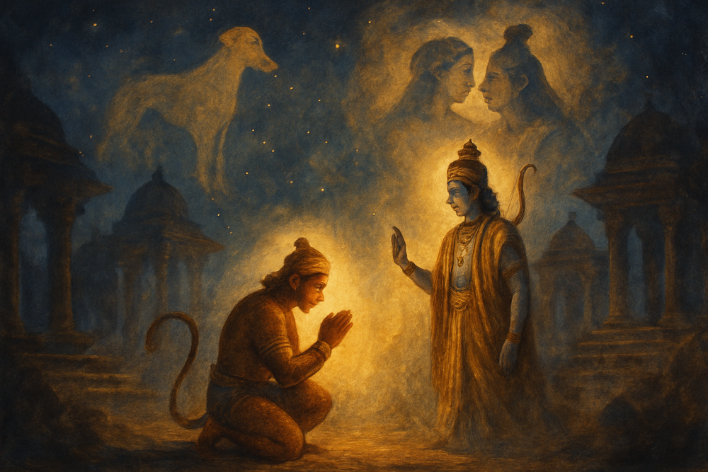 Painterly depiction of mythological figures symbolizing loyalty, including Hanuman and Lord Rama
