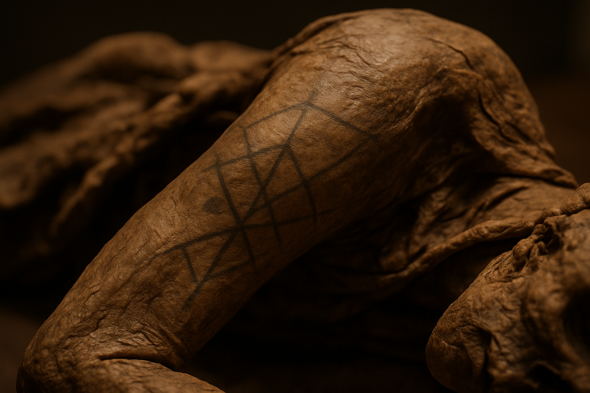 Ancient mummified skin showing faint prehistoric tattoo markings