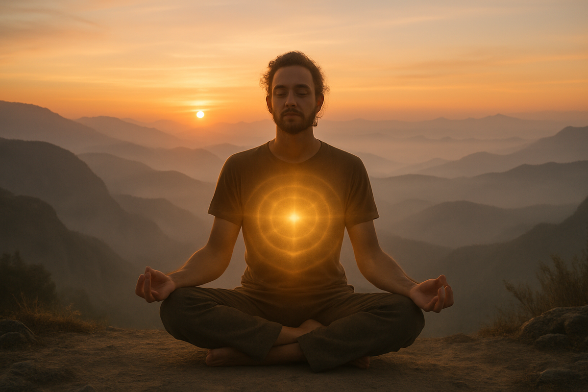 Person meditating on a mountaintop at sunrise with glowing light radiating outward