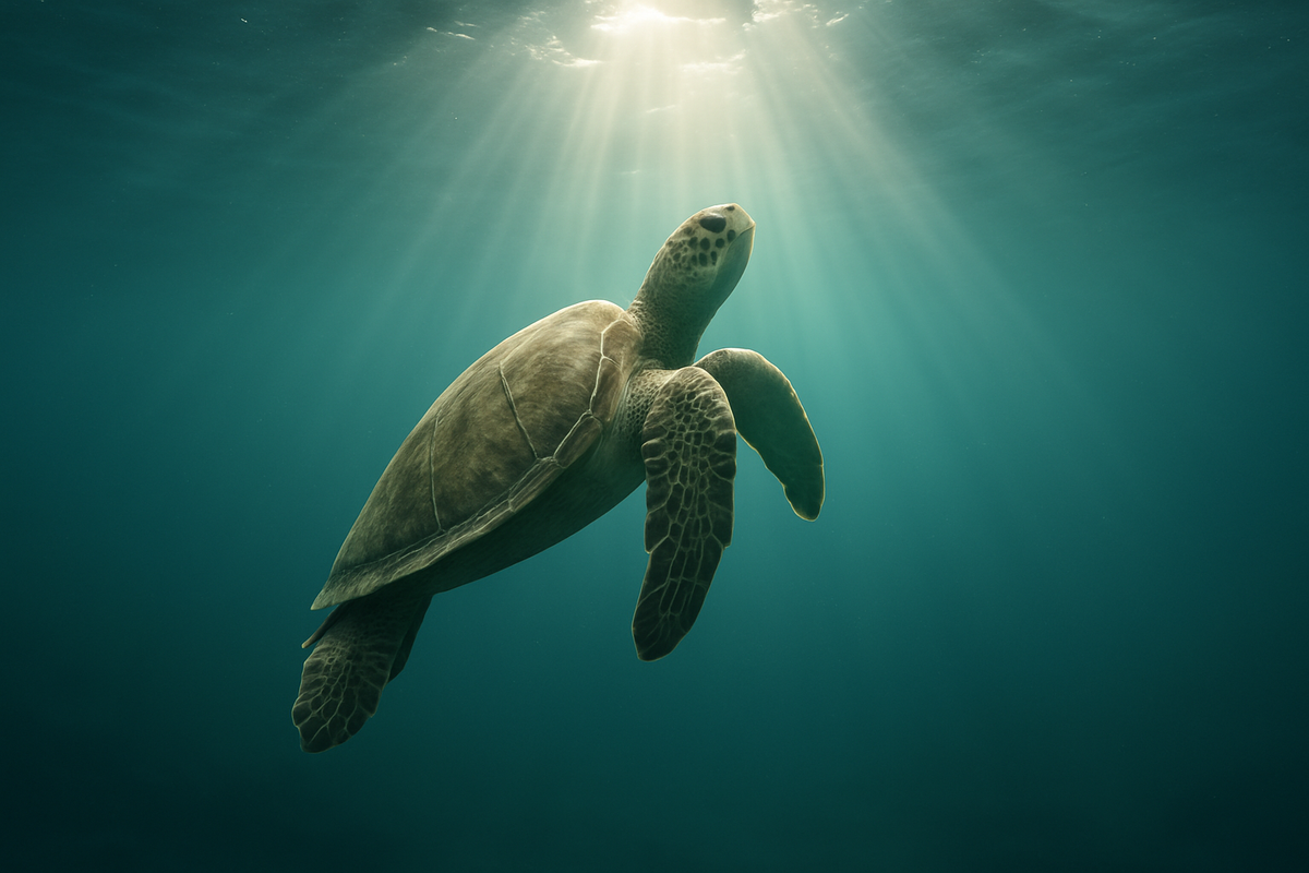 Sea turtle swimming toward light, symbolizing a spiritual sign after loss