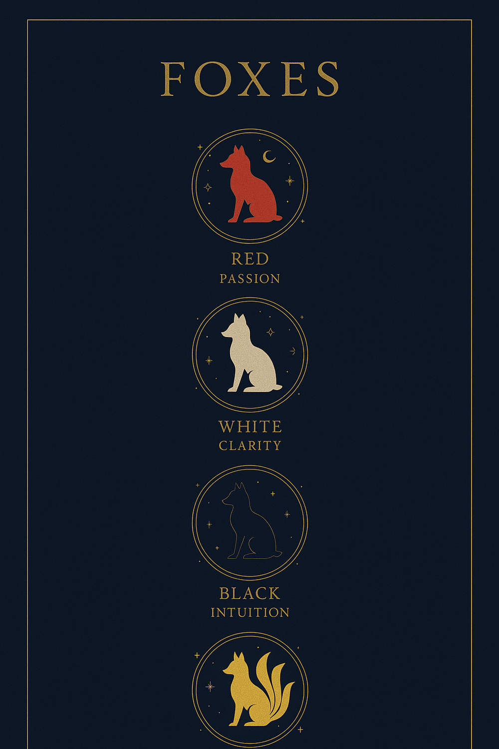 Infographic showing five fox colors and their symbolic meanings in deep indigo and gold