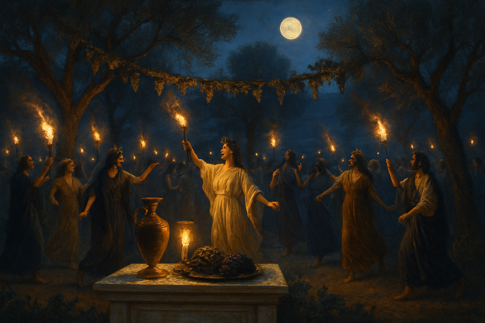 Ancient Dionysian festival procession among vineyards at dusk