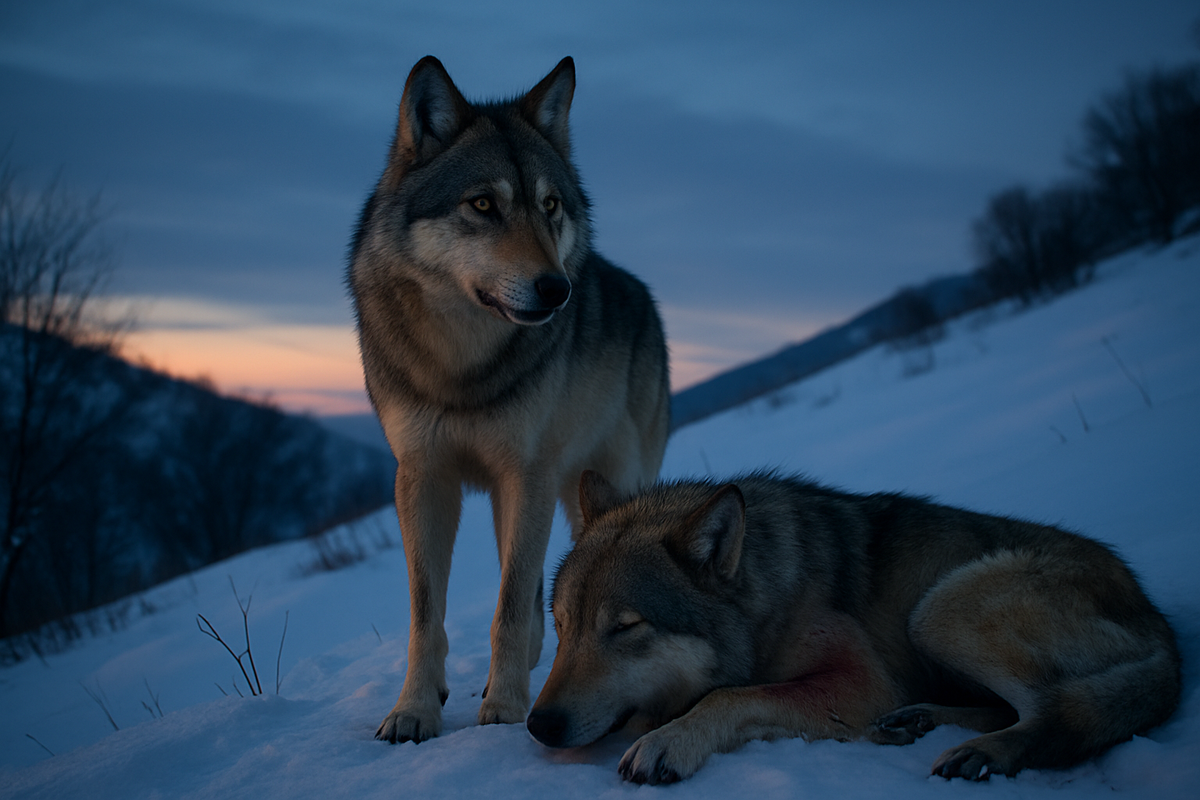 A wolf standing loyally beside another wolf on a snowy hillside at dusk