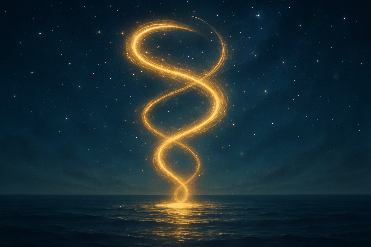 Two glowing light trails spiraling together over a night ocean symbolizing twin flame connection