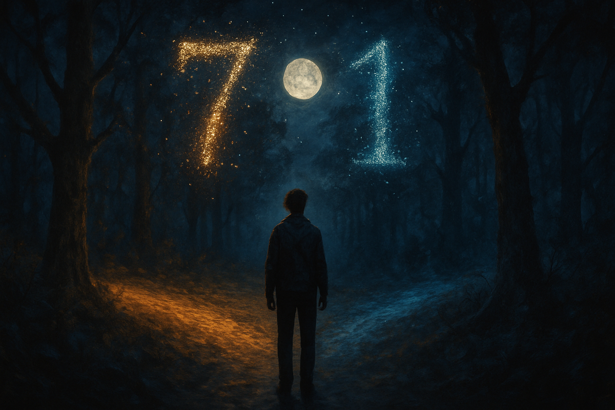 A figure standing at a glowing forest path fork symbolizing the choice and new beginning of angel number 717