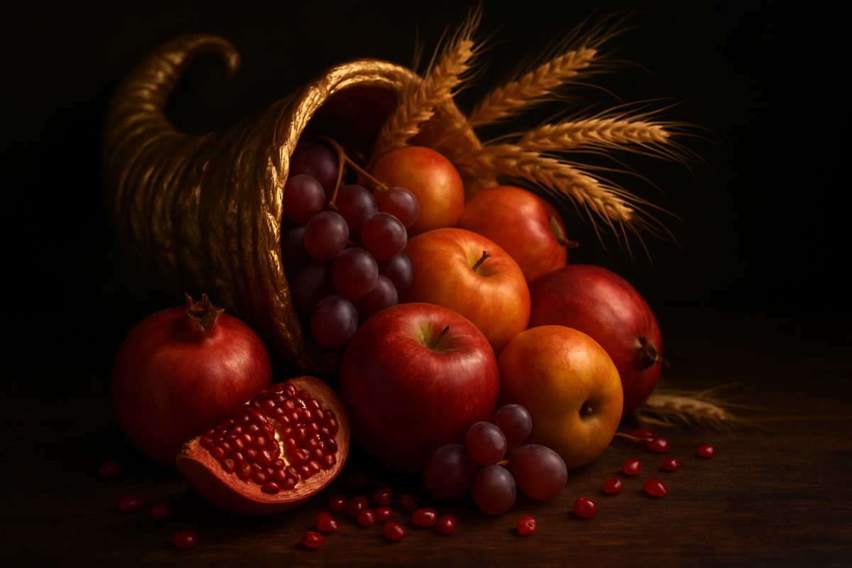 Golden cornucopia overflowing with fruit and wheat symbolizing abundance