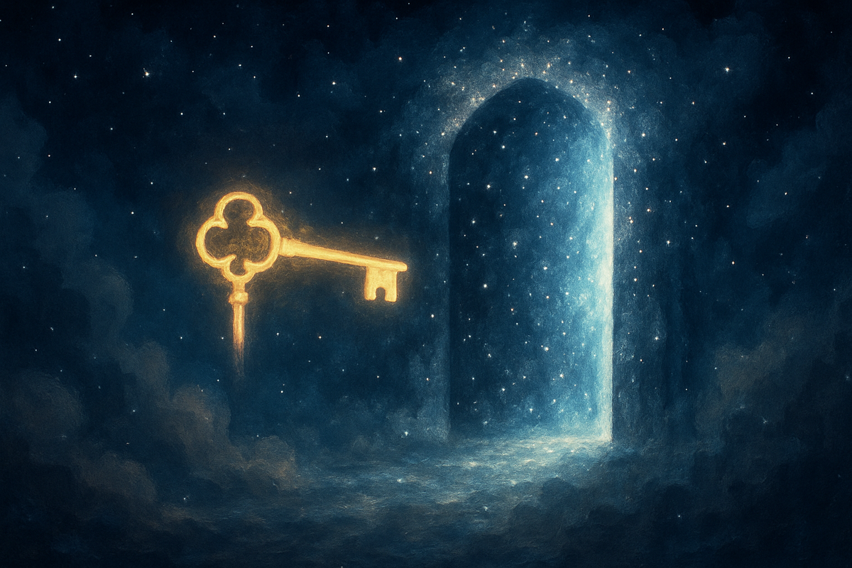 Glowing mystical key unlocking a starry door representing dream symbolism