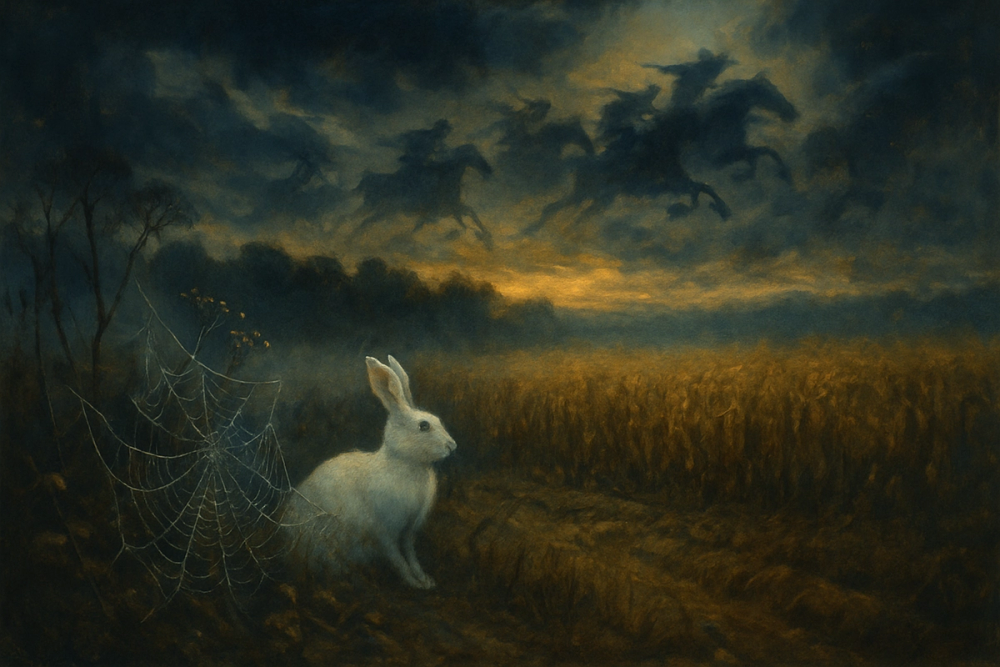 Mythical autumn scene with white hare and spectral wild hunt