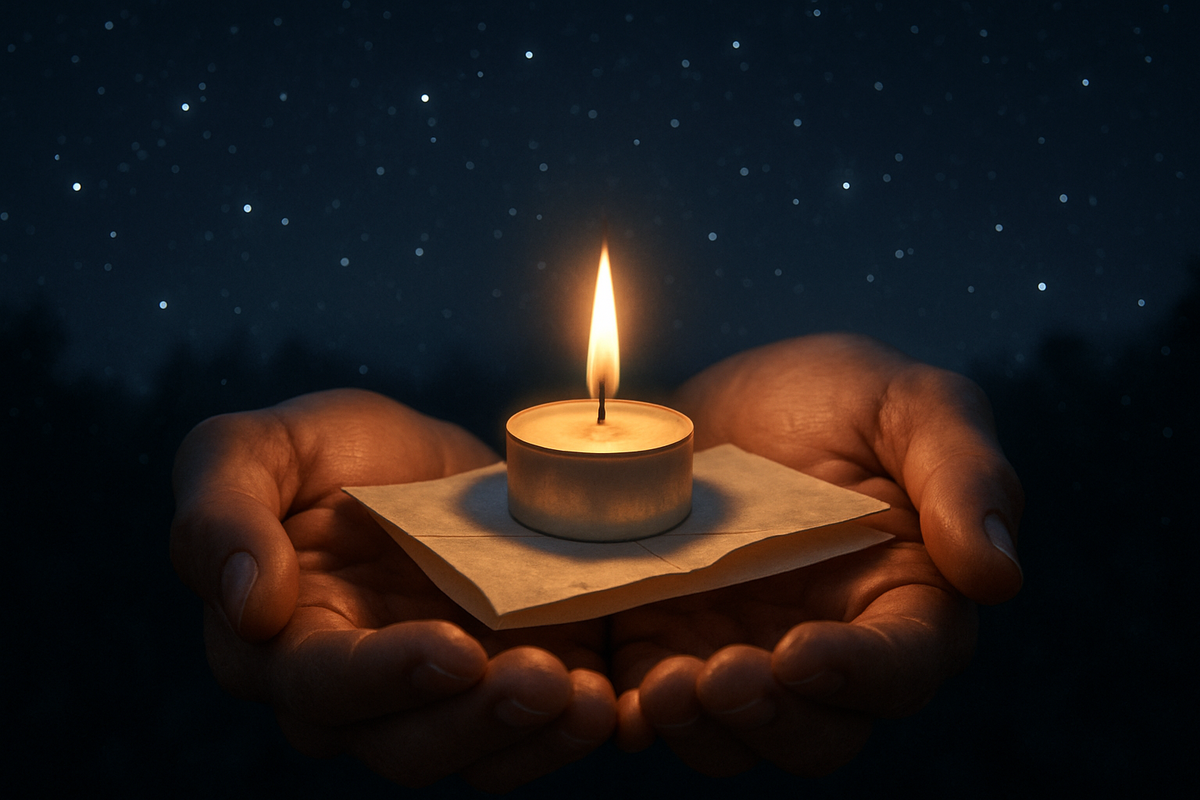 Hands holding a candle and written intention under a dark new moon sky