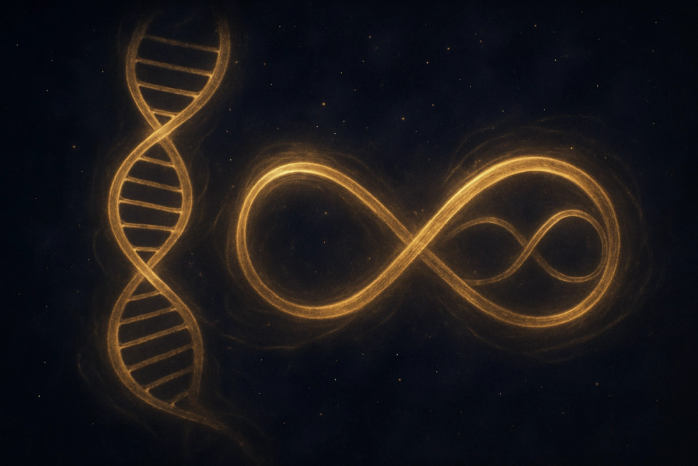 DNA double helix transforming into a double infinity symbol
