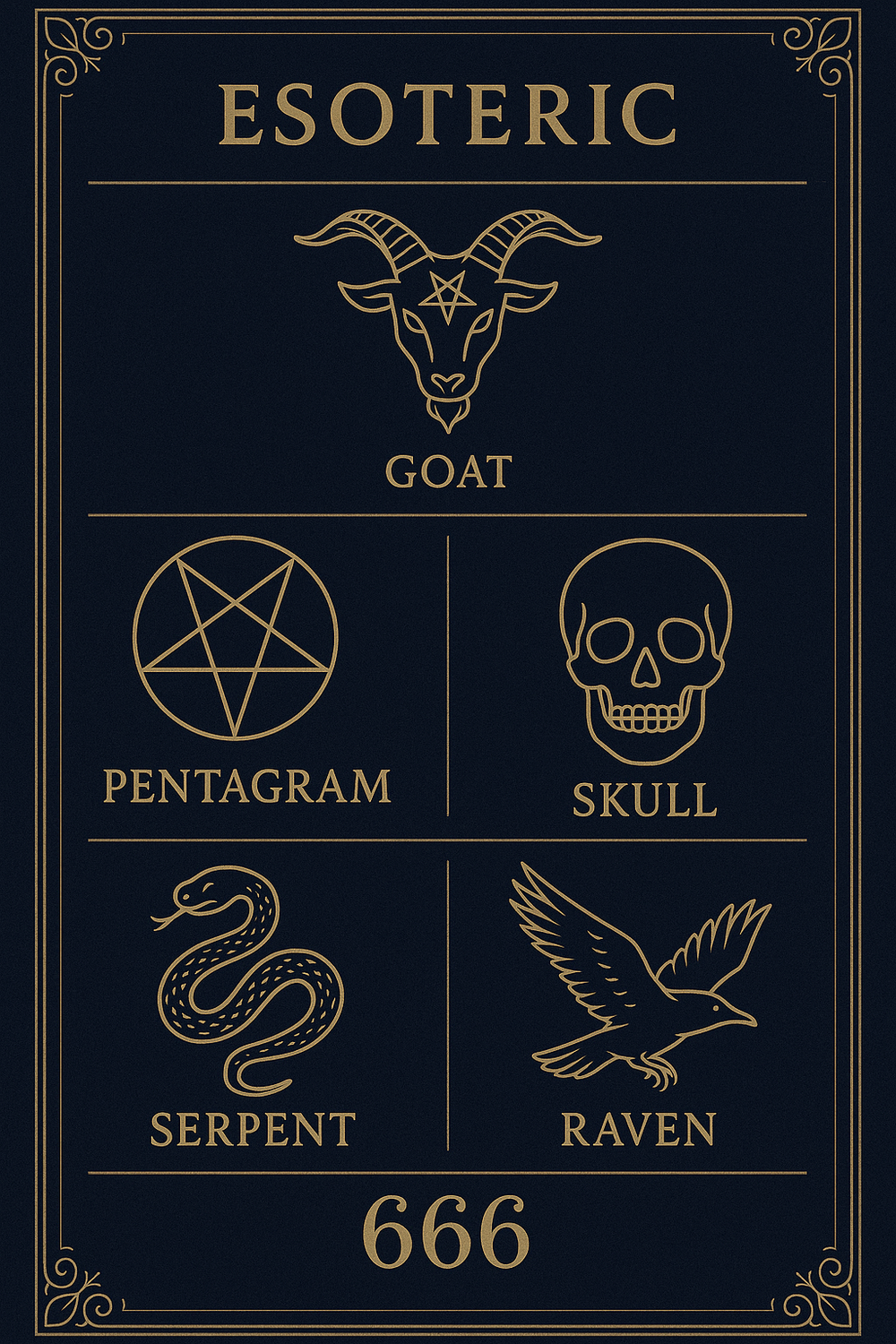 Infographic of key symbols of evil including pentagram, skull, serpent, raven and 666