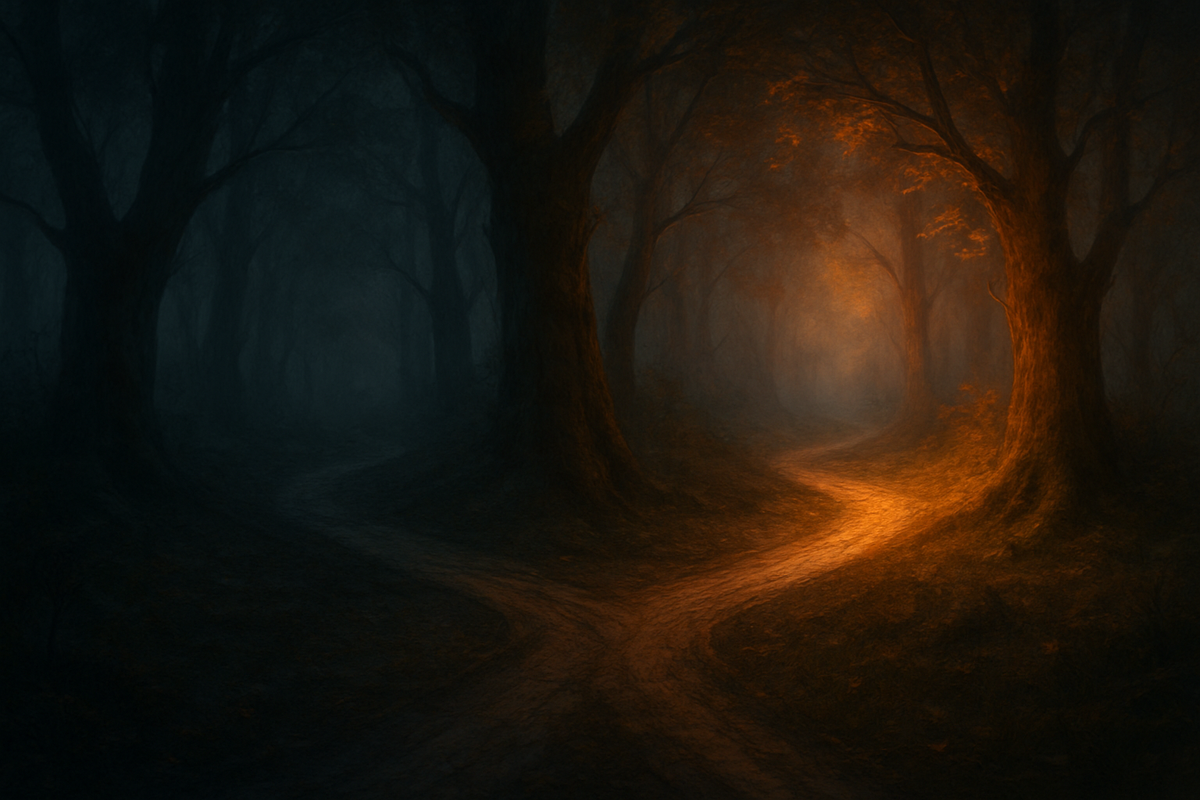 Two diverging forest paths at twilight symbolizing a spiritual crossroads
