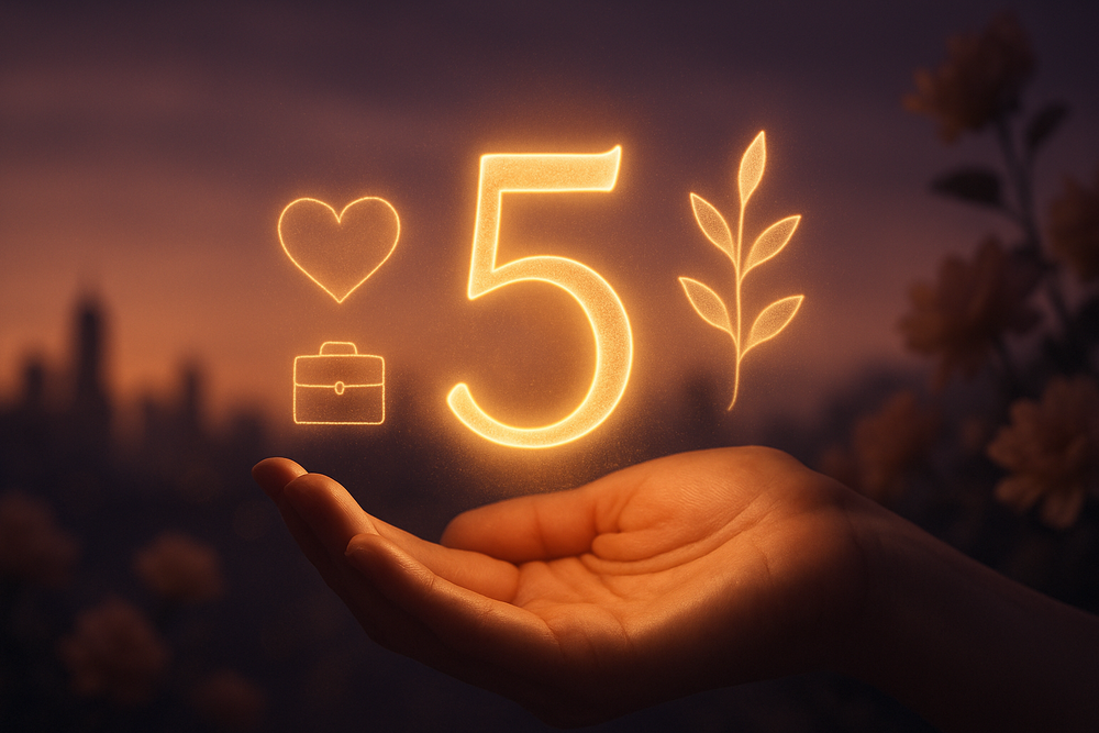 Golden glowing number five symbolizing change in love, career and finances