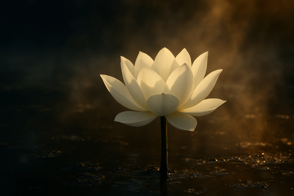 Lotus flower blooming above muddy water symbolizing spiritual growth