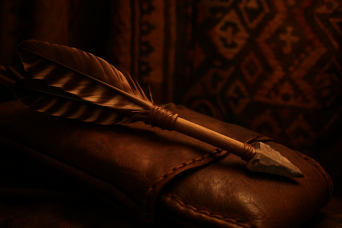 Hand-carved wooden arrow with feathers resting near a leather quiver