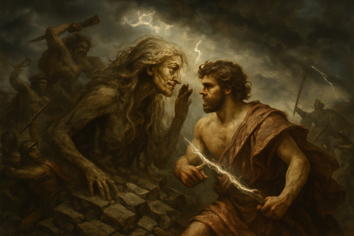 Gaia rising from the earth to advise Zeus during the Titanomachy war of the gods