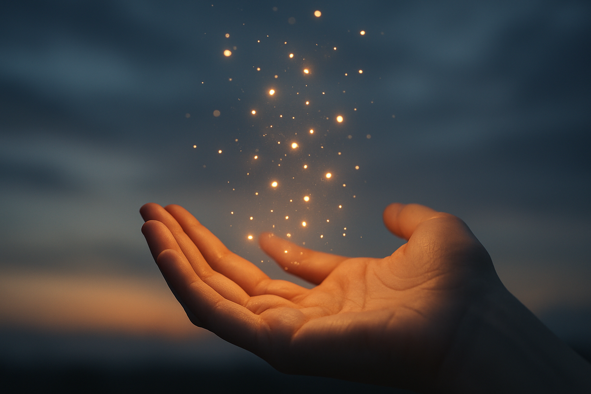 Hands open to the sky catching glowing light particles symbolizing spiritual awakening