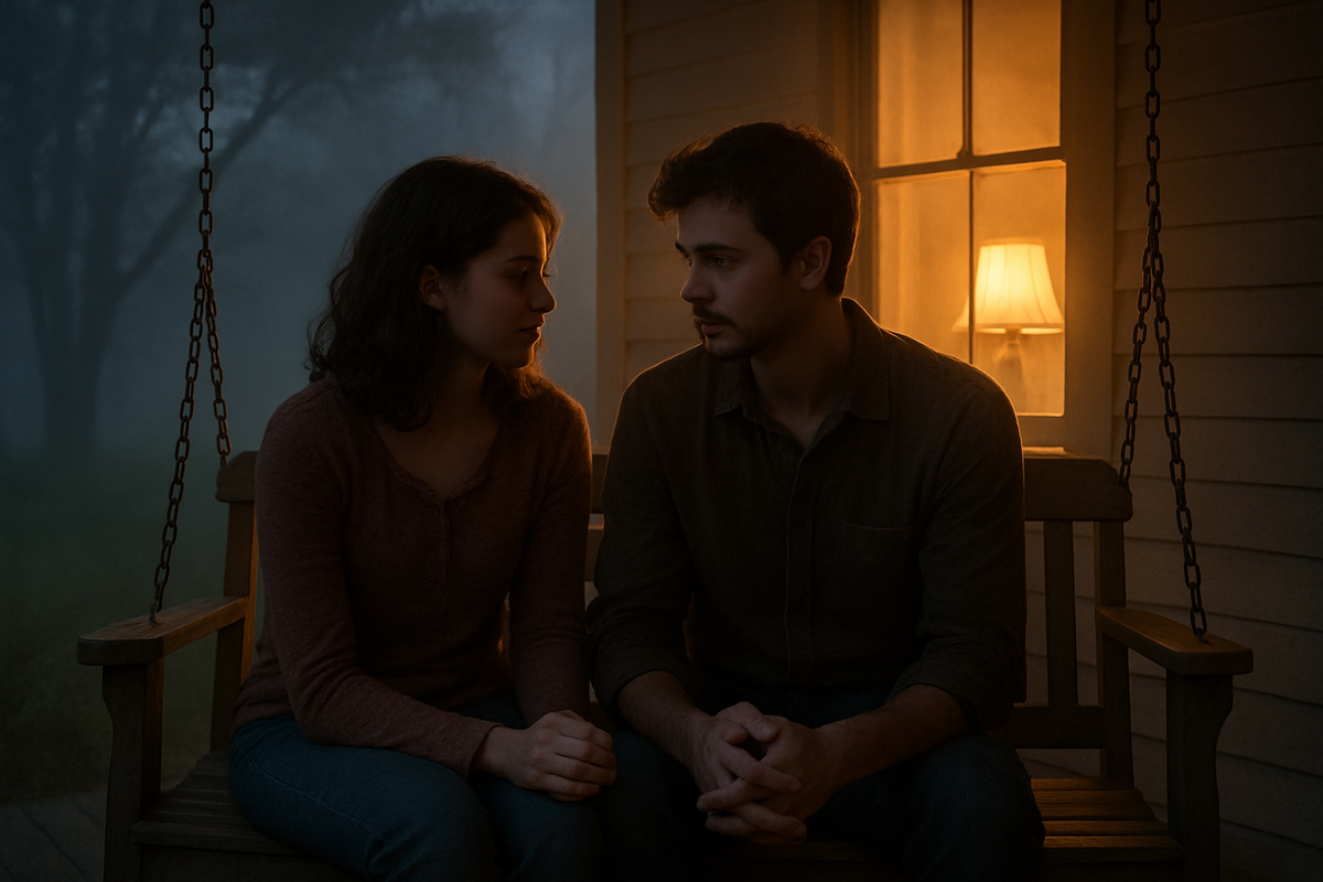 Couple sitting together at dusk having an honest conversation