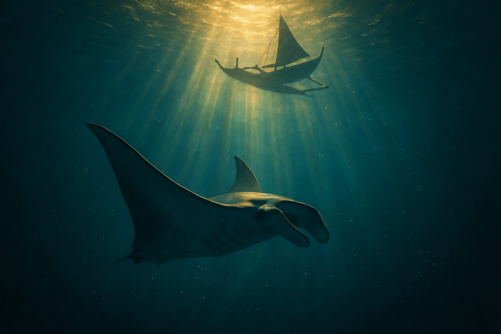 Manta ray swimming beneath a traditional Polynesian canoe, symbolizing spiritual guidance