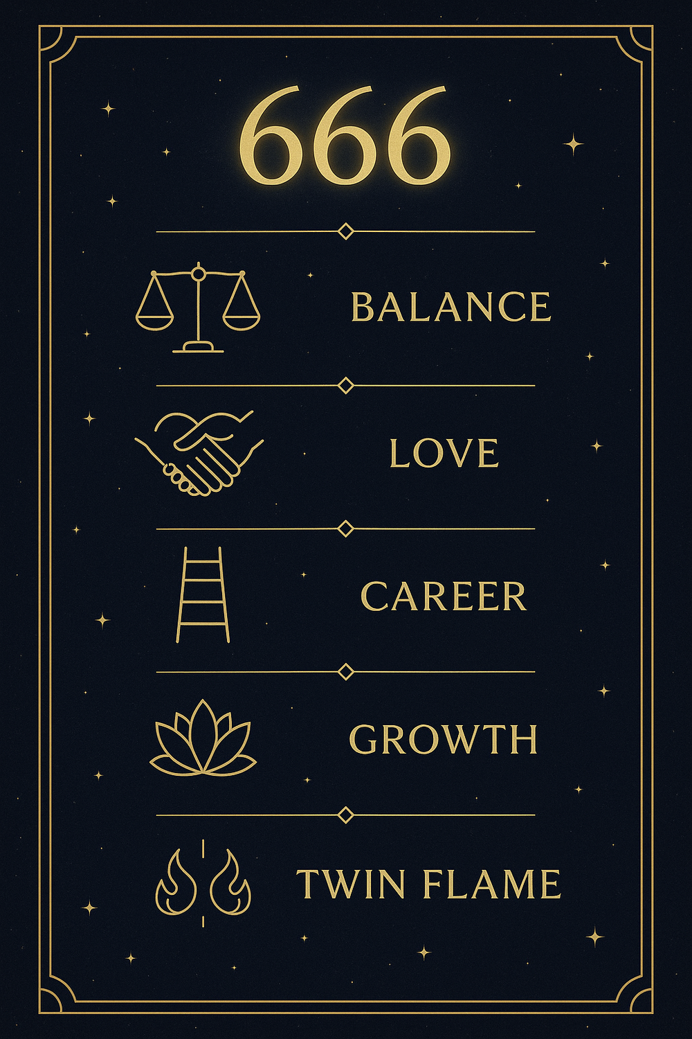 Infographic showing six life areas influenced by angel number 666: balance, love, career, growth, twin flame, manifestation