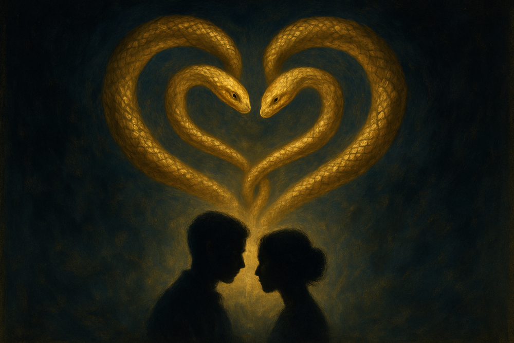 Two intertwined golden serpents symbolizing transformation within a relationship