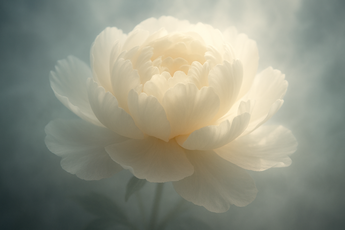 A glowing white peony flower symbolizing purity and new beginnings