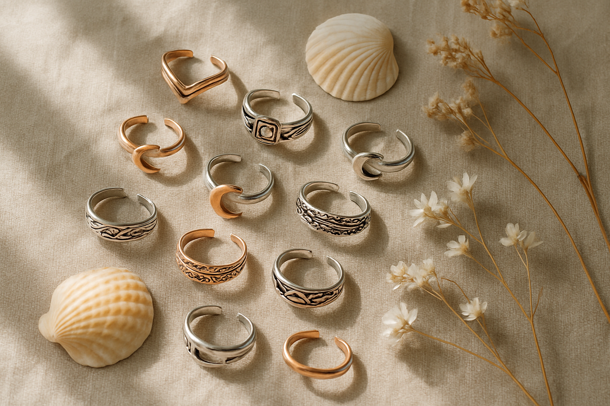 Collection of silver and rose gold toe rings styled with shells and dried flowers
