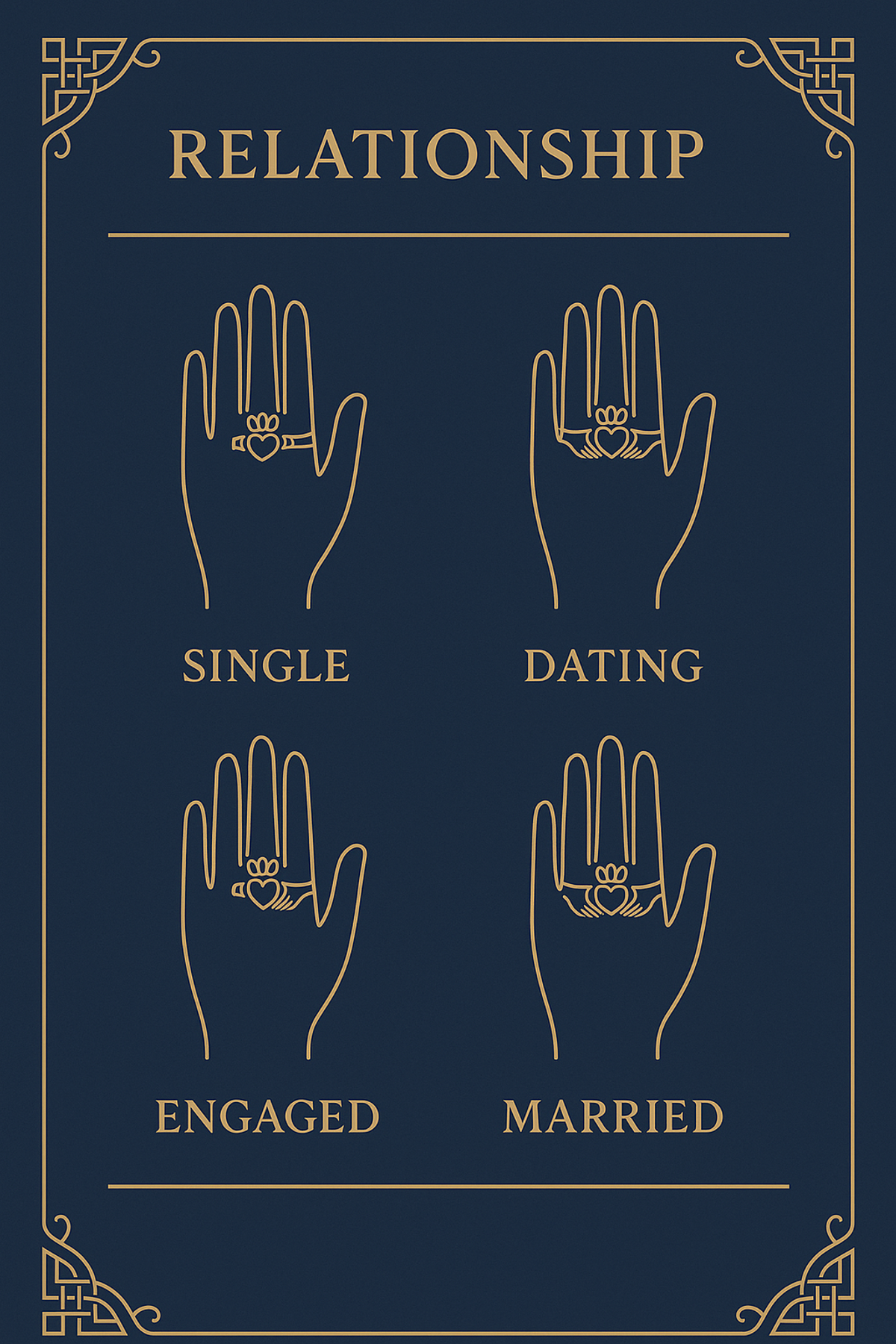 Infographic showing the four Claddagh ring wearing positions and their meanings
