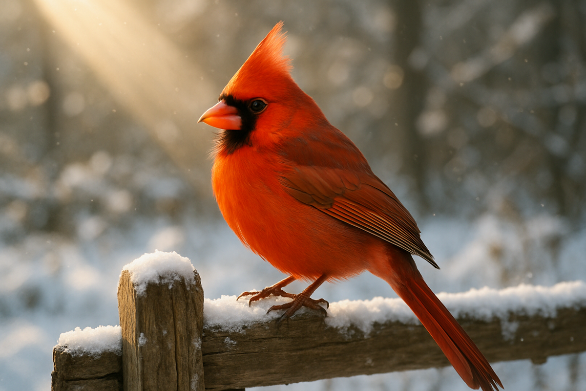 A bright red cardinal perched on a snowy wooden fence in soft sunlight