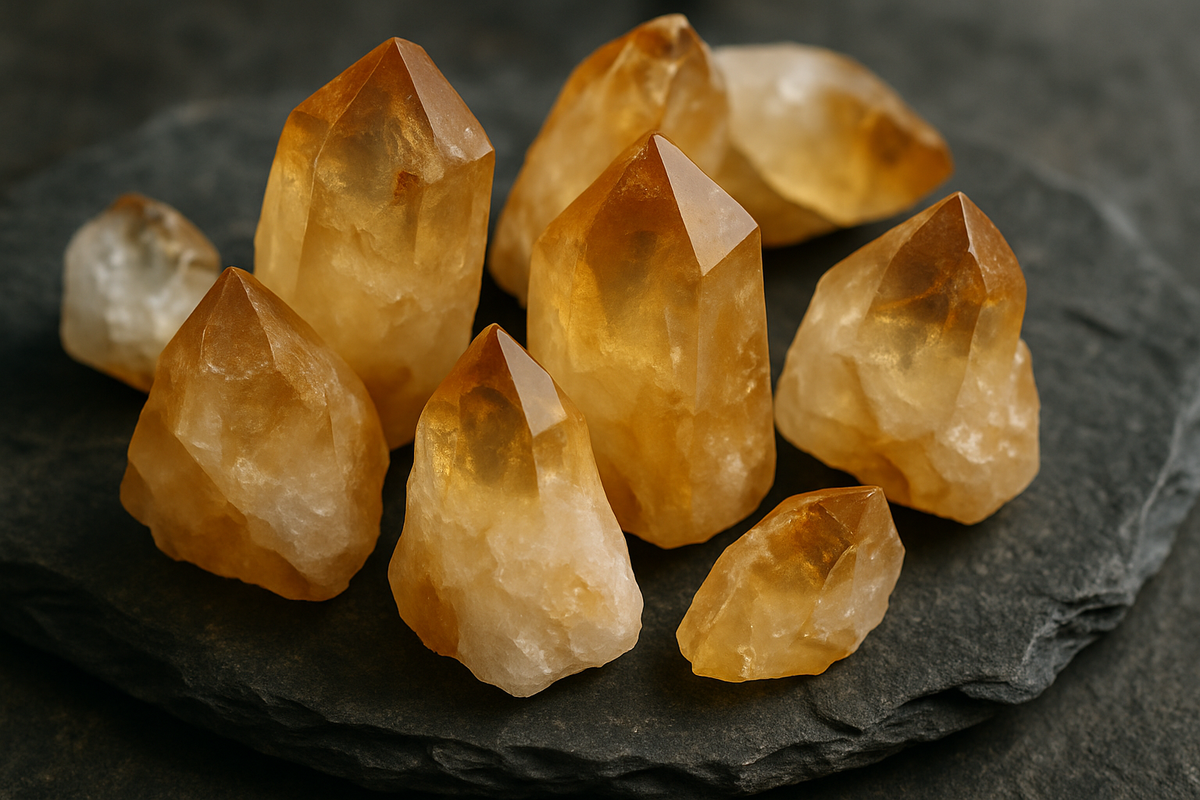 Raw citrine crystal points in golden and amber tones on dark stone
