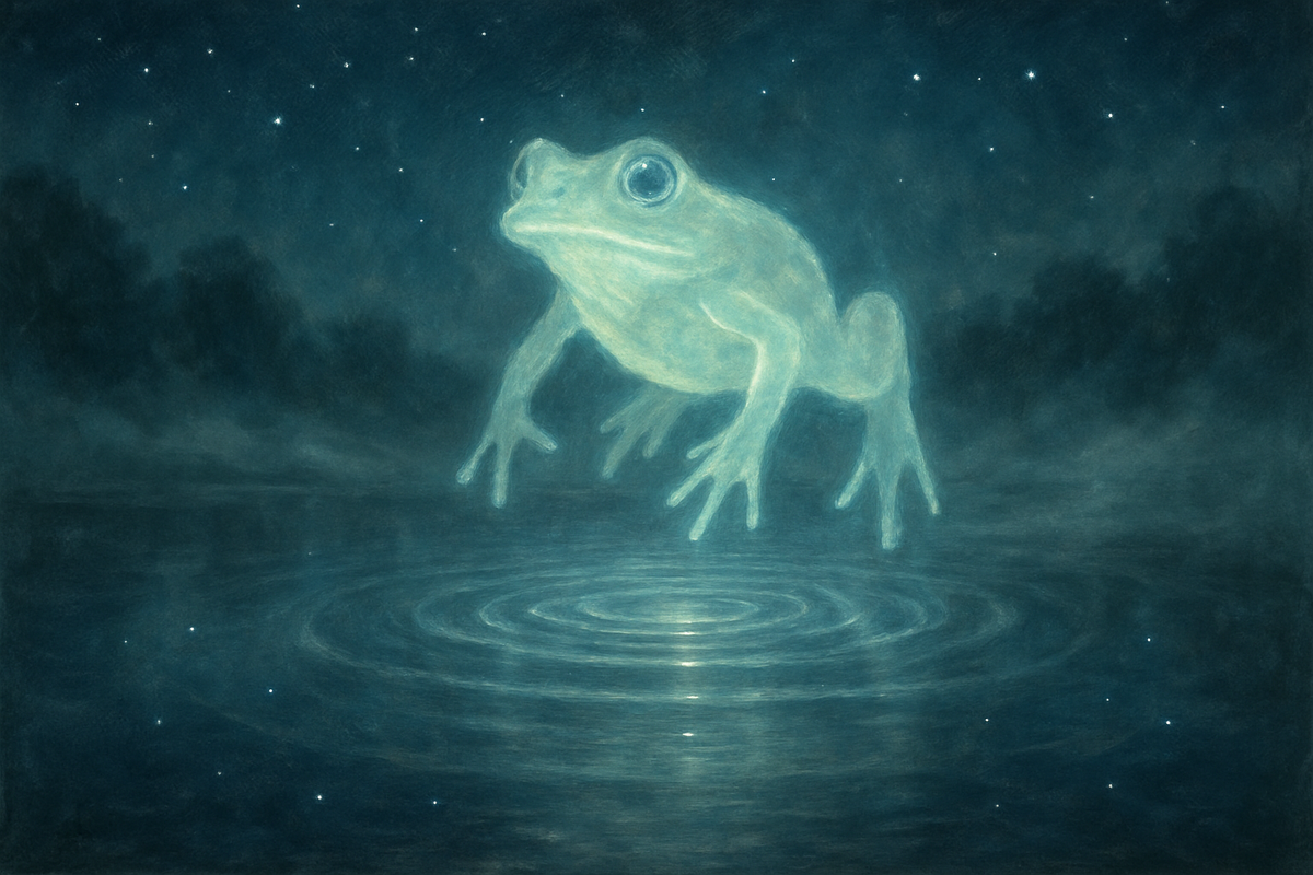 A glowing spirit frog hovering above a moonlit pond surrounded by mist