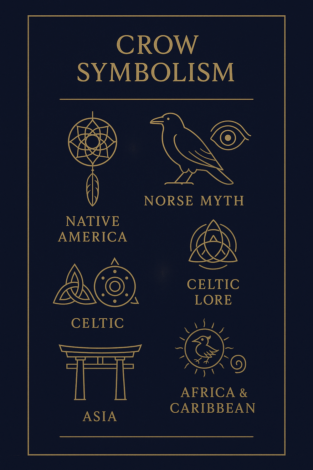 Infographic showing crow symbolism across Native American, Norse, Celtic, Asian, and African cultures