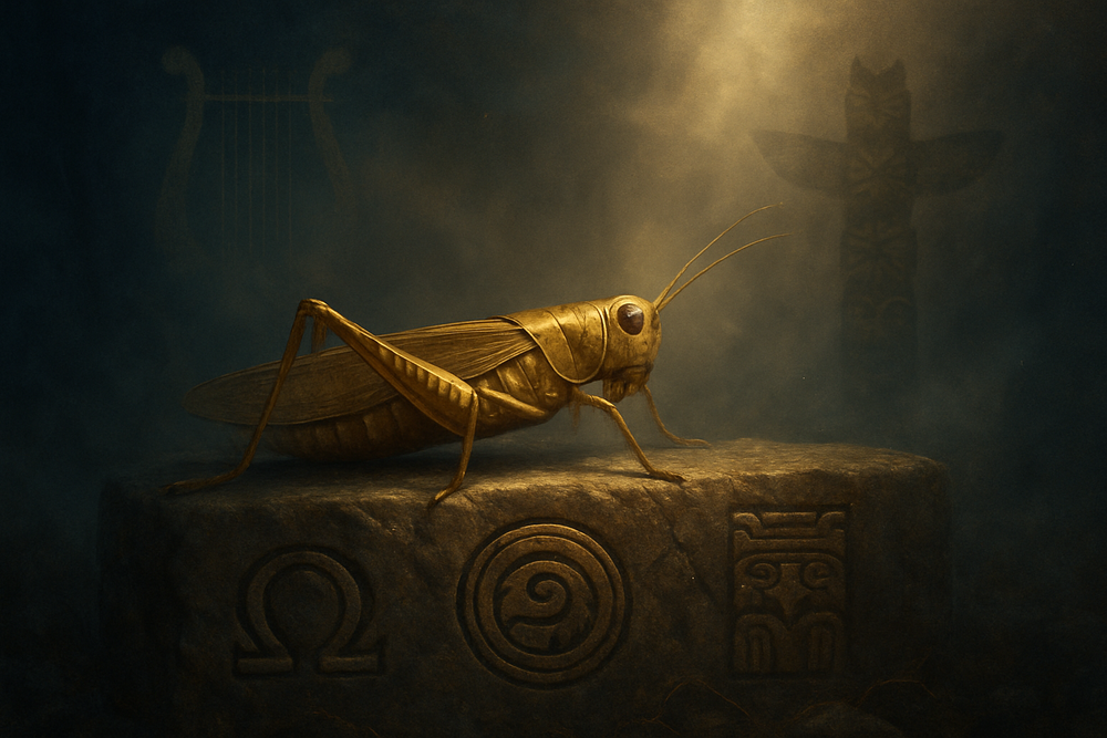 Mystical grasshopper surrounded by symbols of world mythology and folklore