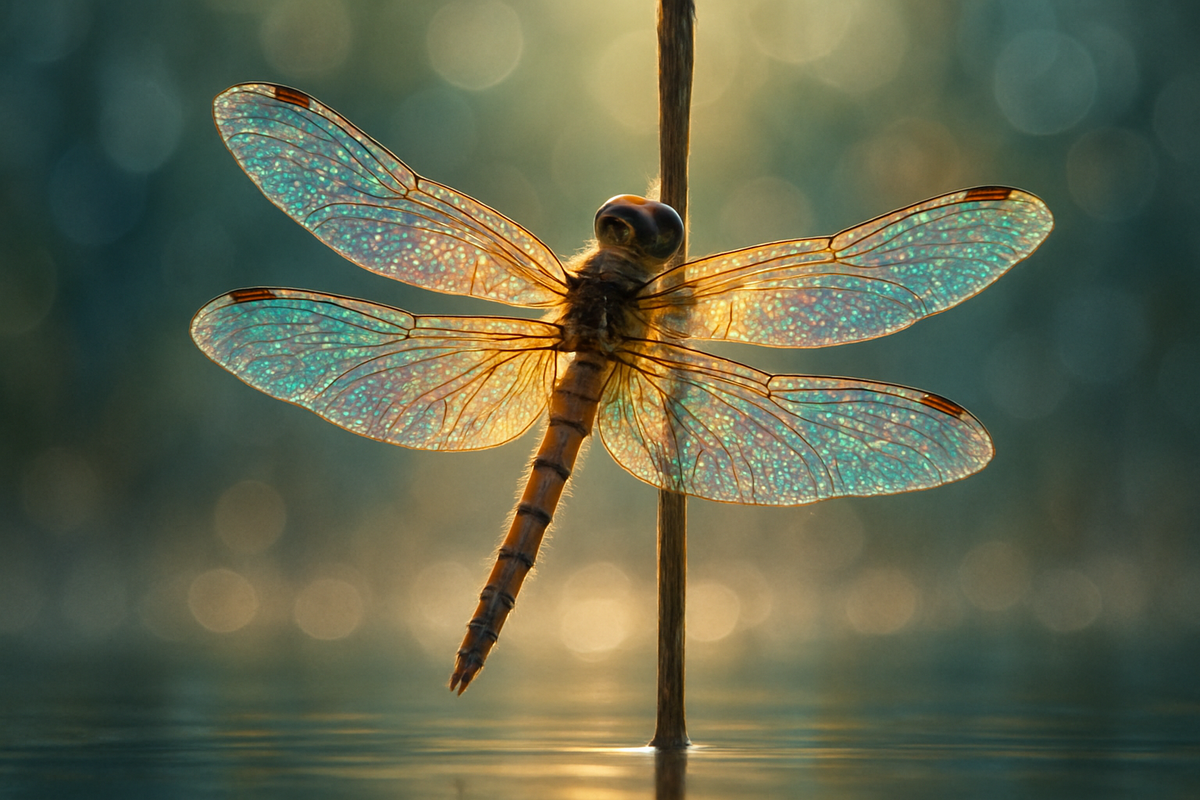 Iridescent dragonfly perched on a reed above still water at sunrise