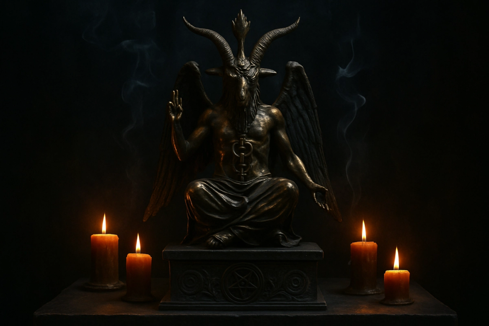 Baphomet statue on a stone altar surrounded by candlelight