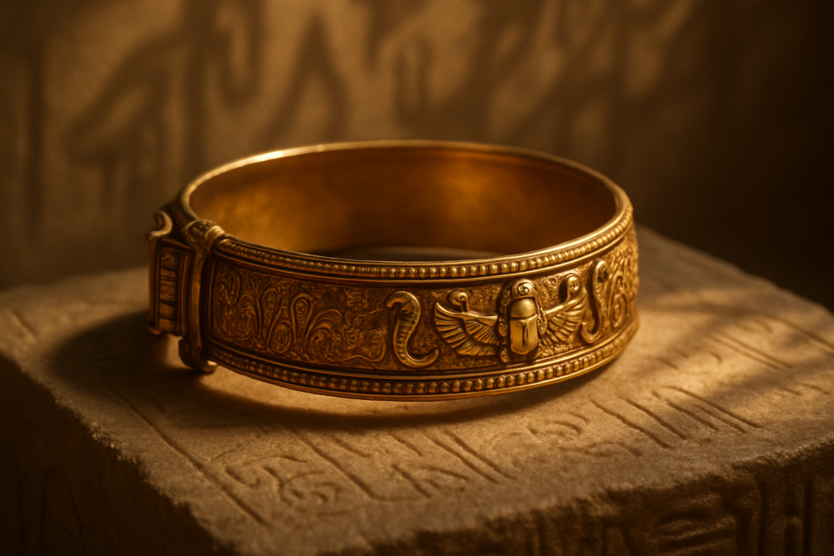 Ornate gold anklet inspired by ancient Egyptian jewelry design