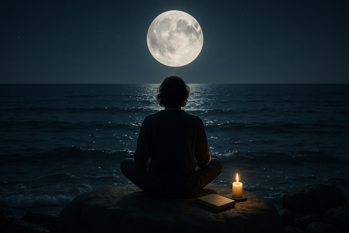 Person meditating by the ocean under the full moon during a release ritual