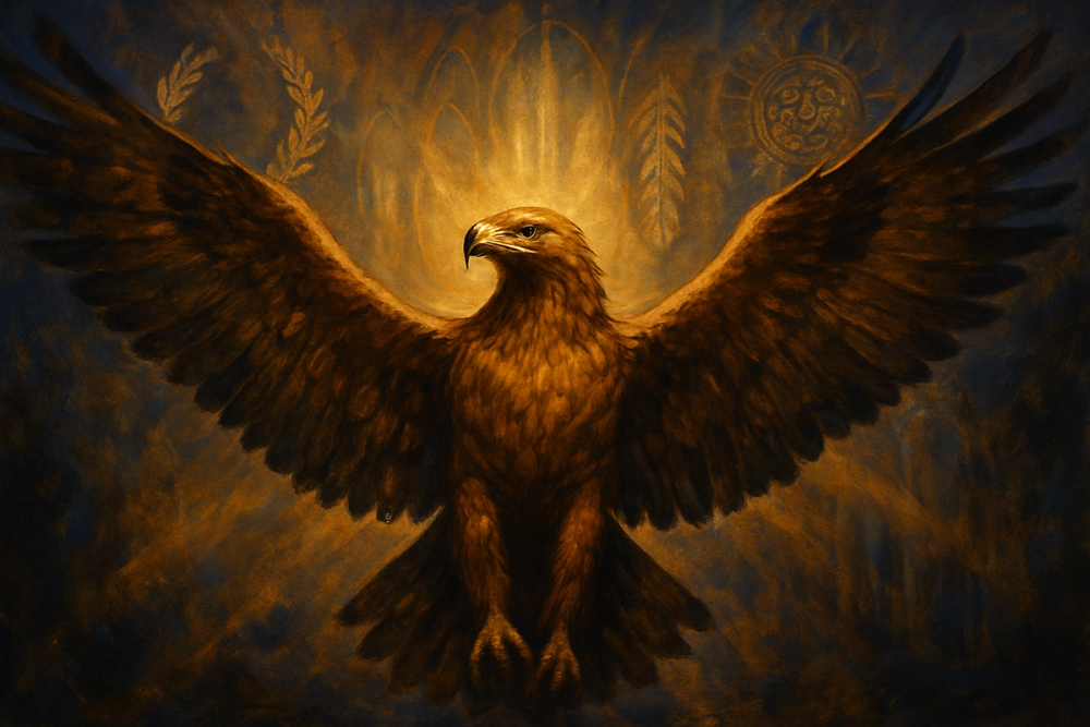 Eagle surrounded by symbols from Native American, Roman, Aztec, and Christian traditions representing cross-cultural eagle symbolism