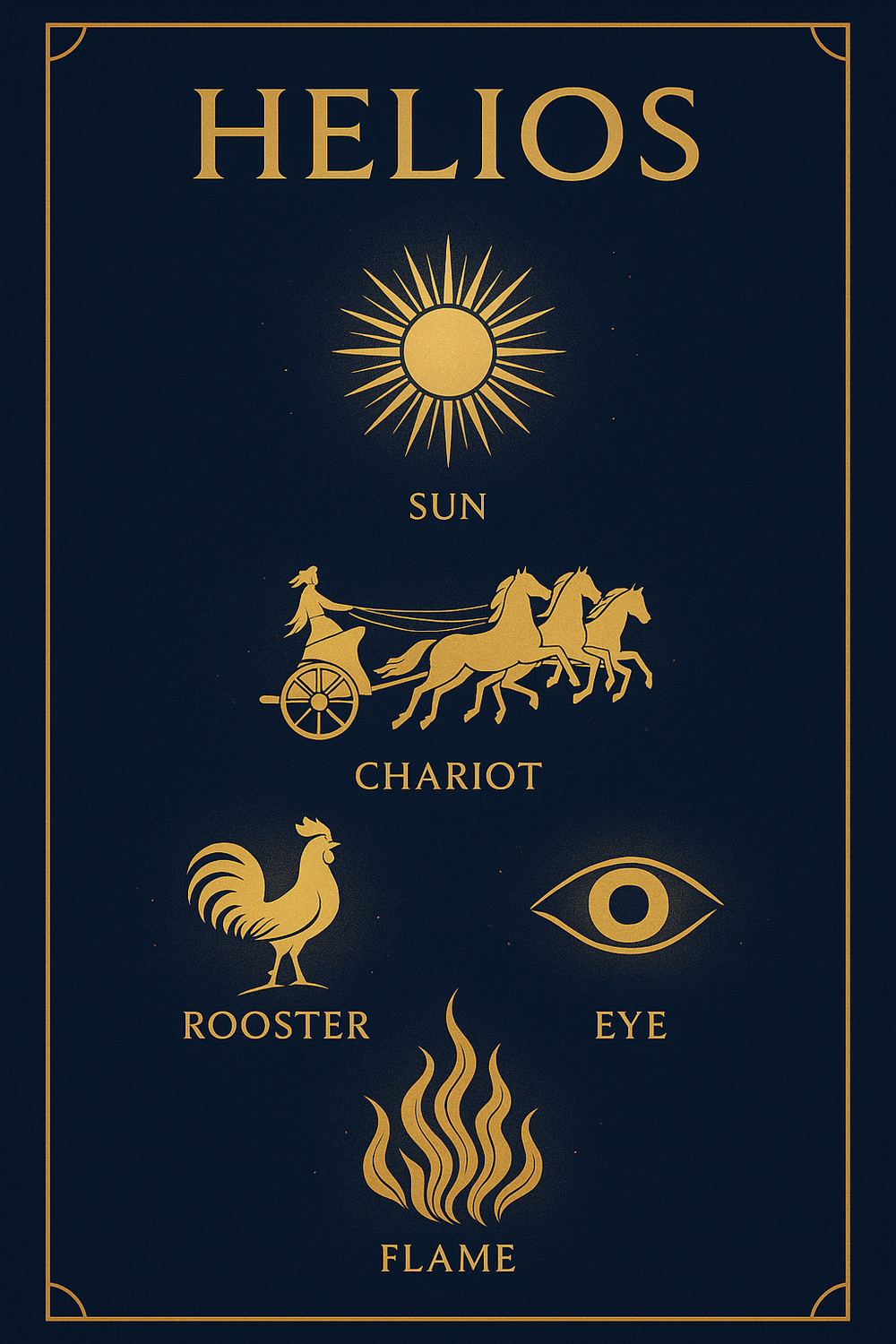Infographic of Helios's sacred symbols including sunburst crown, chariot, rooster, and all-seeing eye