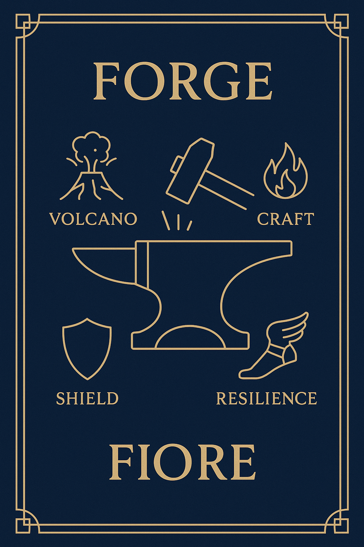 Infographic showing Hephaestus symbols at a glance: forge, fire, shield, volcano