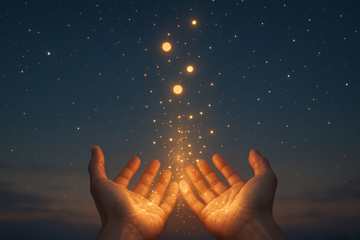 Hands releasing glowing light particles into a starlit sky symbolizing letting go and manifestation