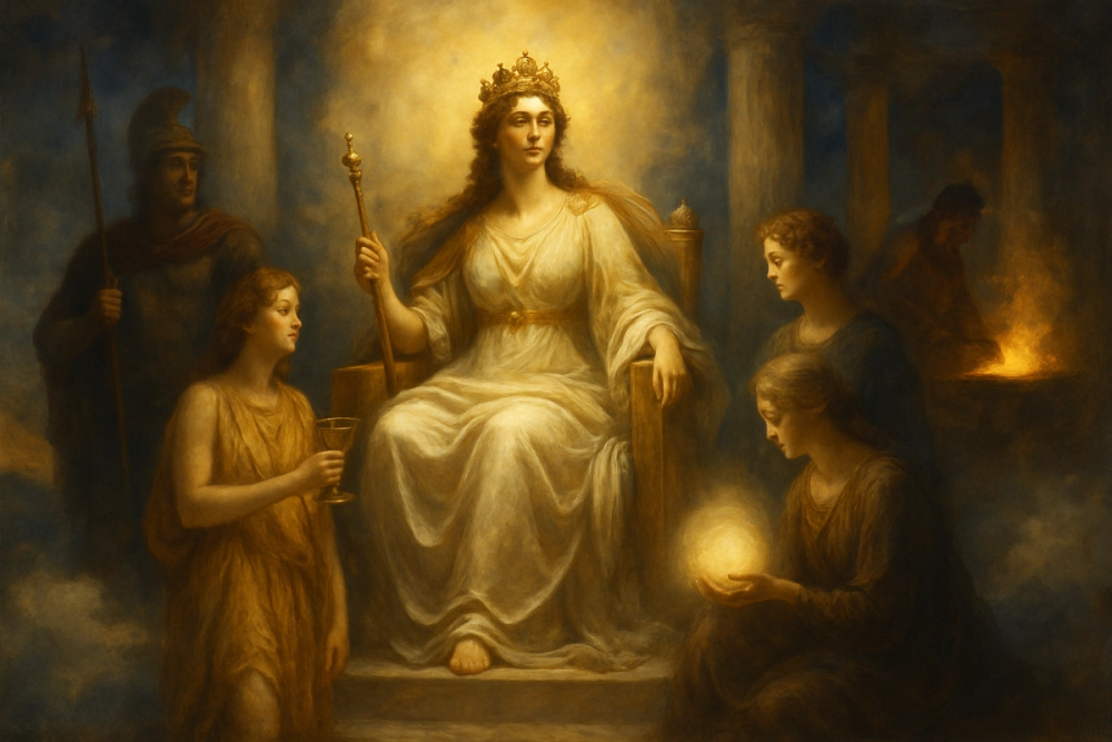 Hera surrounded by her divine children Ares, Hebe, Eileithyia, and Hephaestus