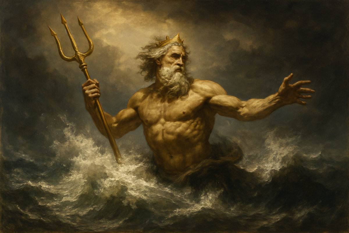 Poseidon, Greek god of the sea, rising from stormy waves with his trident