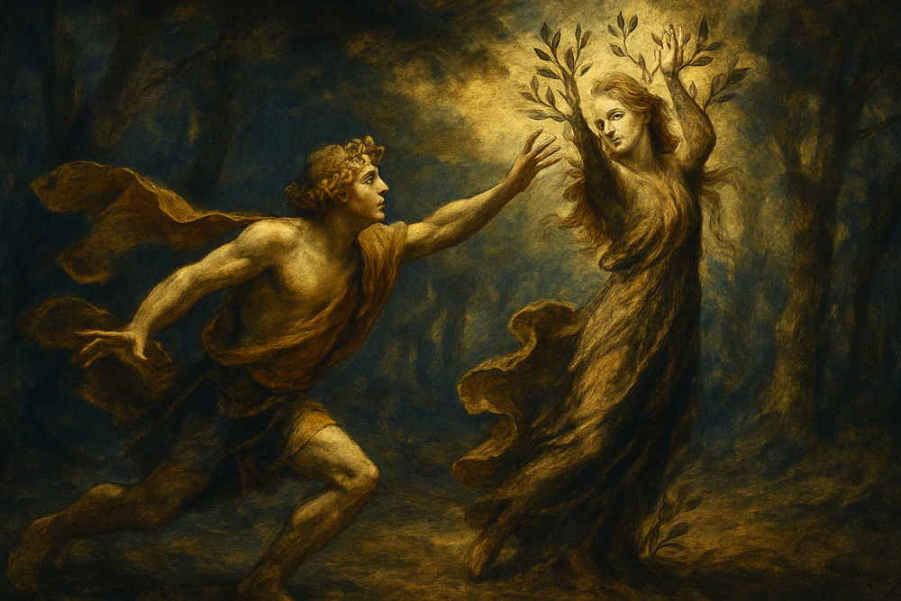 Apollo and Daphne transforming into a laurel tree