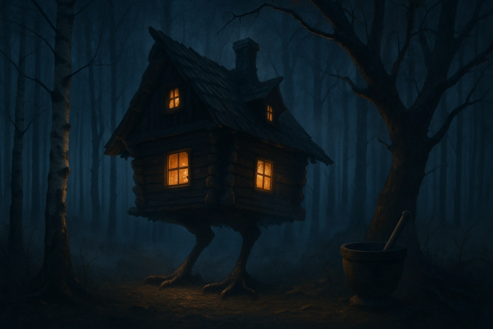 Baba Yaga's hut on chicken legs in a misty forest