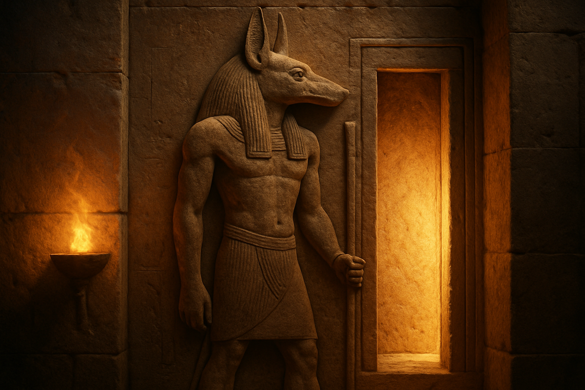 Anubis the jackal headed Egyptian god of the dead guarding a stone threshold