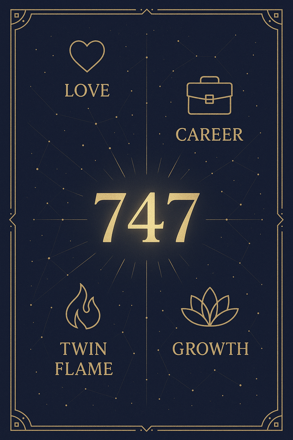 Angel number 747 meanings infographic - love, career, twin flame, growth