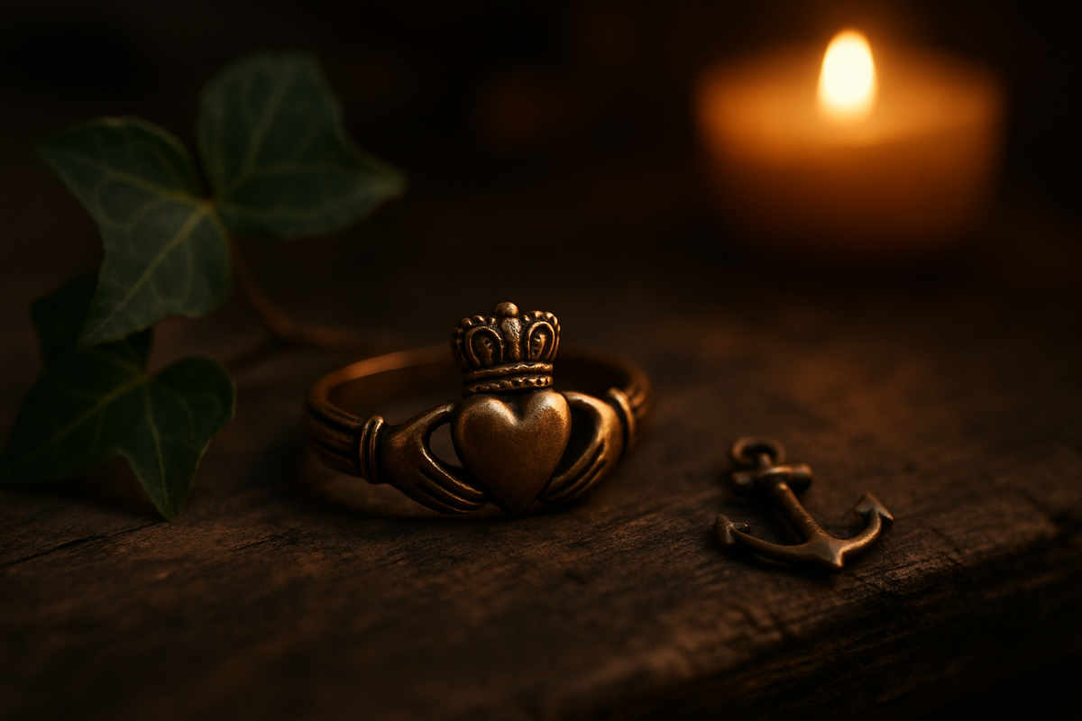 A Claddagh ring displayed with ivy and an anchor charm symbolizing loyalty
