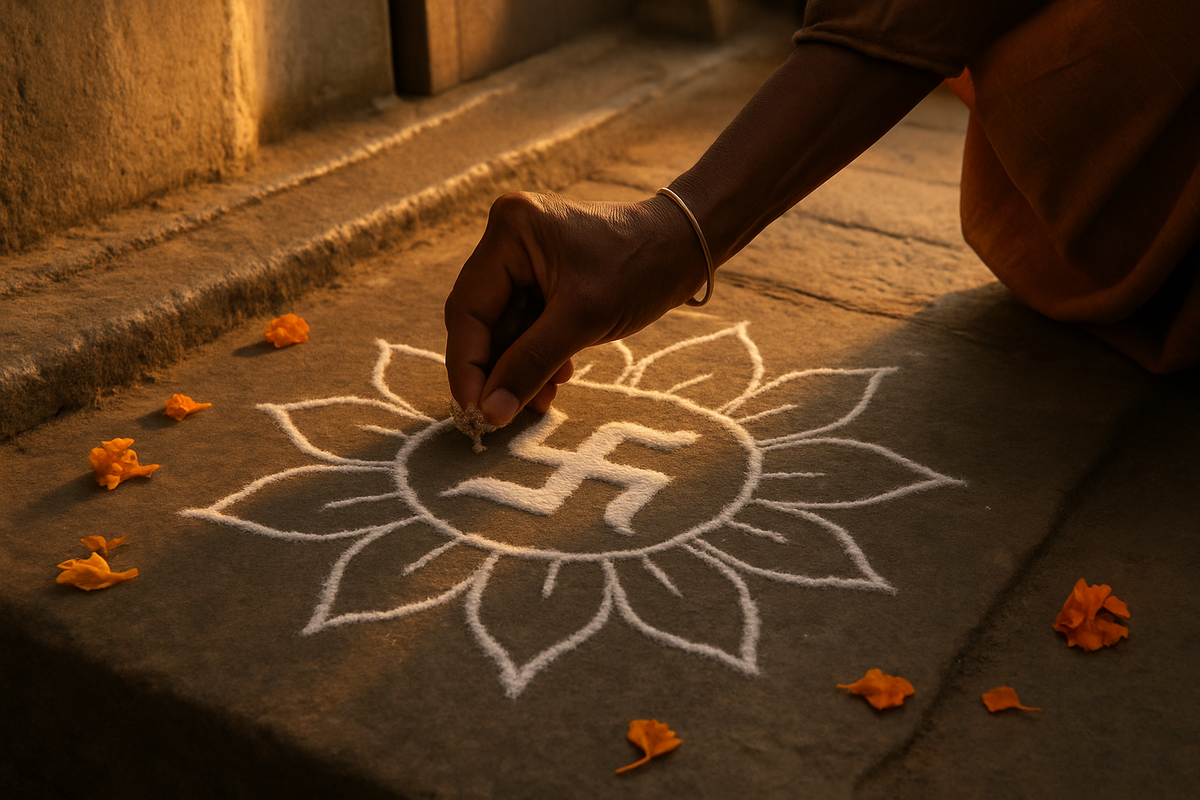 Hand drawing a traditional swastika and lotus pattern in rice flour on a doorstep