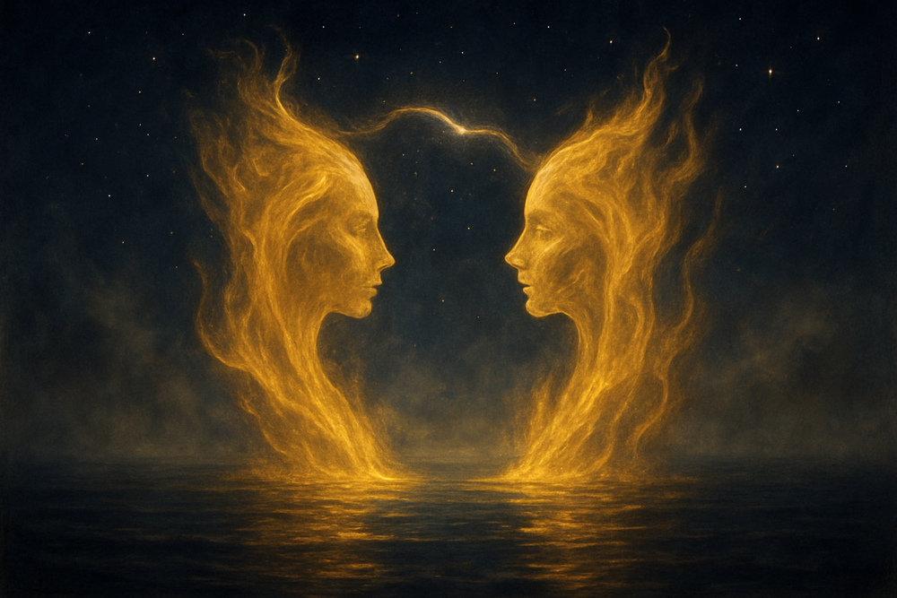 Two mirrored flame silhouettes symbolizing a twin flame spiritual connection under a starry sky